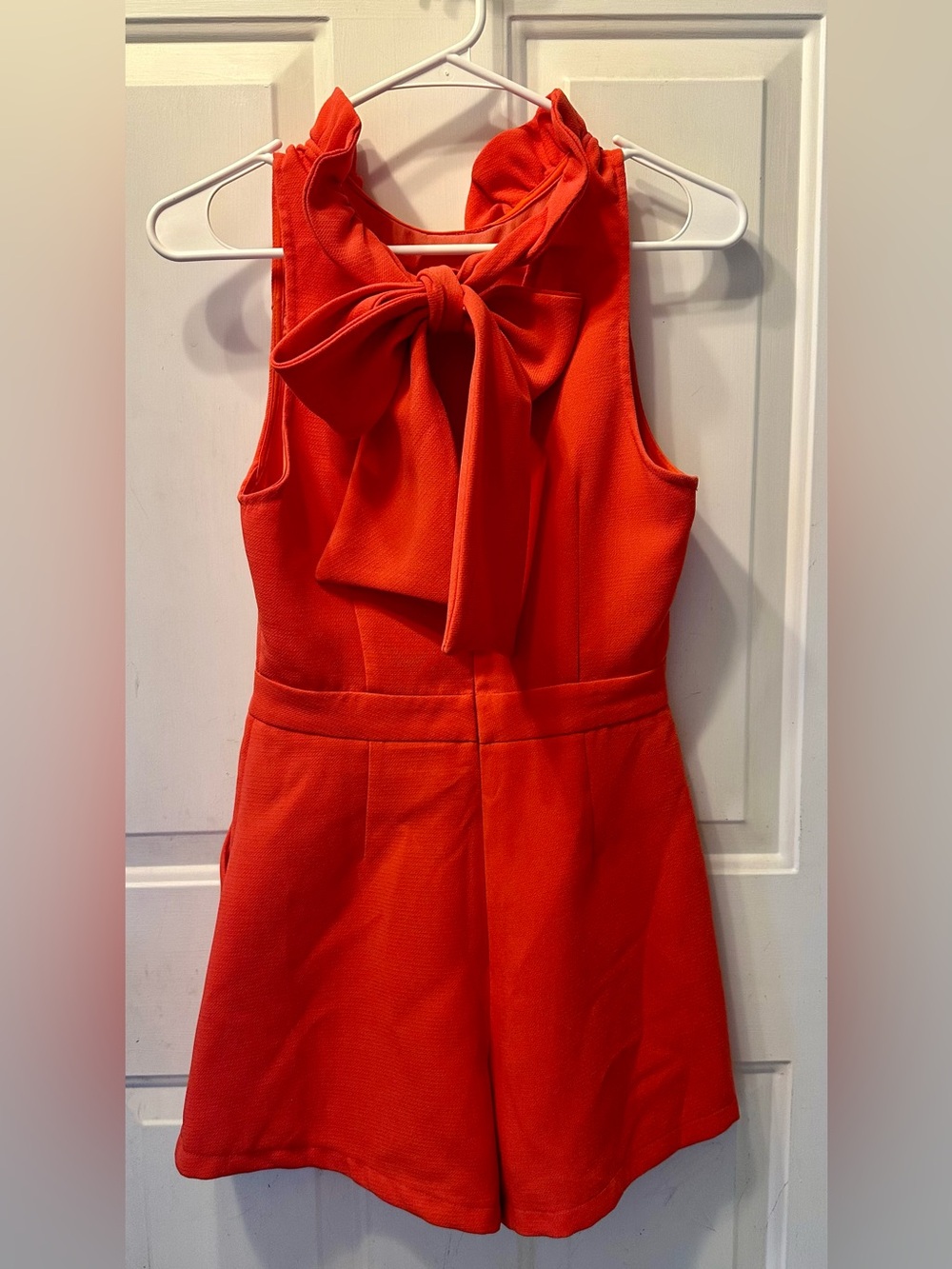 Do + Be Coral Red High Neck Ruffle Shorts Romper with Pockets